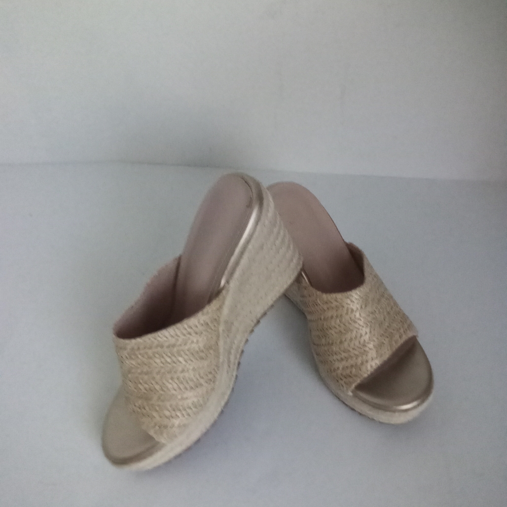 Raffia Peep Toe Espadrille Platform Slide Wedge Sandals Boho Neutral Size 7